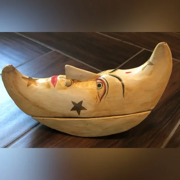 Vintage Hand Carved Anthropomorphic Crescent Moon Box, Celestial